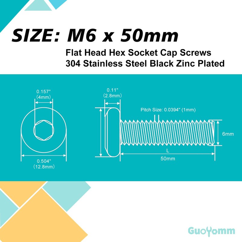 GuoYomm M6 x 50mm 20Pcs Flat Head Hex Socket Cap