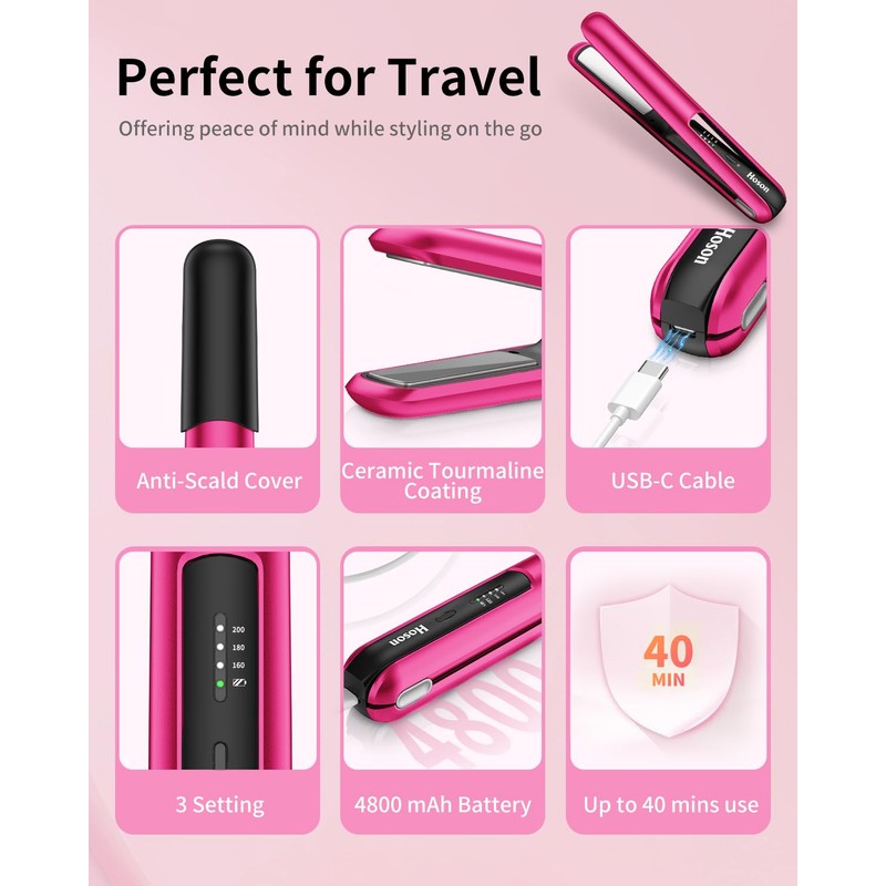 Hoson Cordless Hair Straightener,Portable Mini Flat Iron Travel for Bangs,Short