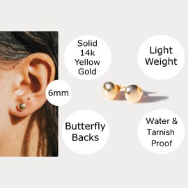 Plain Gold Jewelry, Dainty, Hollow 6mm Flat Ball Studs in Solid 14K Yellow Gold with Push Backs, High Polished Dainty Earrings