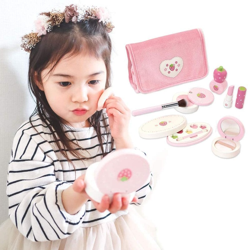 Mother Garden 263-19668 "Wild Strawberry" Wooden Toy Makeup Pouch Set,