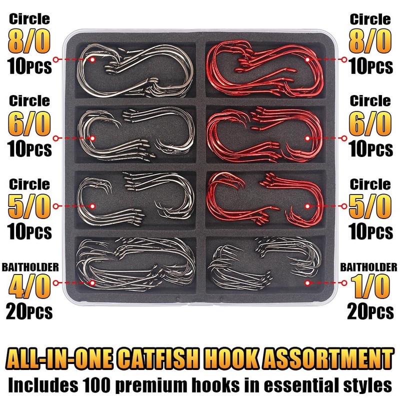Catfish Hook Set Offset Octopus Circle & Baitholder Hooks 100-Pack