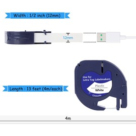 5 x hehua LetraTag 12 mm x 4 m Compatible with Dymo Label Tape 91221 91222 91223 91224 91225, for Letratag xr Label Tape LT110T LT100H QX50 LT100T XR XM 2000 Plus