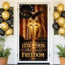 250th Anniversary Decorations Door Banner, 4th of July Religious Cross Eagle Flag Decor, 1776-2026 Patriotic Independence Day Indoor Outdoor Door Cover, 72.83 x 35.43 Inches