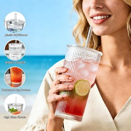 20oz Ribbed Glass Tumblers with Lids & Straws 2-Pack