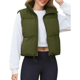 YUCOLEN Women's Crop Puffer Vest Lightweight Warm Outerwear with Fashion Stand Collar Zip Up Padded Cropped Jacket Coat OliveGreen