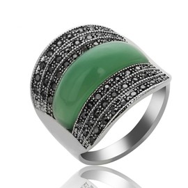 Yfnfxl Women's Vintage Resin Marcasite Crystal Stainless Steel Statement Cocktail Rings (Green, 7)