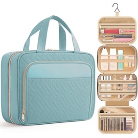 HOTOR Travel Toiletry Bag for Women & Men, Waterproof Makeup Bag with Hanging Hook and Multiple Pockets, Cosmetic Bags for Women, Travel Essentials, 11.2'' x 3.2'' x 8.9'', Light Blue