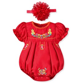 HINTINA - Body floral con bordado étnico mexicano y diadema para bebé recién nacido, Rojo -, 3-6 Meses