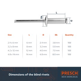 Presch Blind Rivets Assortment 400 pcs. - Complete Set of Aluminium/Steel Rivets in The Sizes 2.4 mm, 3.2 mm, 4.0 mm and 4.8 mm - High-Quality Blind Rivets for Metal