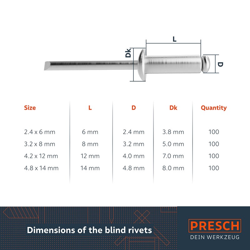 Presch Blind Rivets Assortment 400 pcs. - Complete Set of