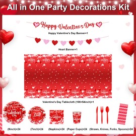 Lecheme Valentine's Party Decorations 196 Pcs Valentines Plates and Napkins,Cups,Tablecloth Serve 24 Red Heart Valentine Banner Happy Valentine's Day Dinnerware Set Valentines Party Supplies