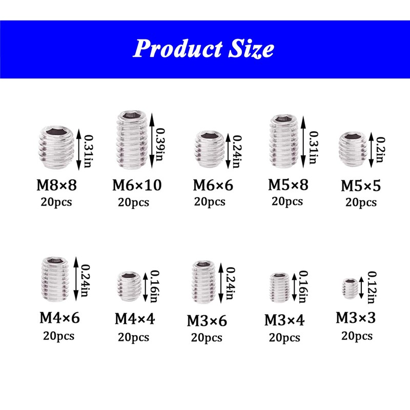 200Pcs Allen Head Socket Set-Screw - M3/M4/M5/M6/M8 304 Stainless Steel