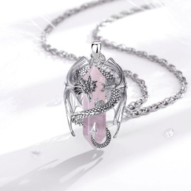 INFUSEU Crystal Dragon Necklace, Nordic Dragon Wrapped Cylinder Gemstone, Crystal Pendant, Hexagonal Healing Crystal Pendant, Gothic Natural Crystal Jewellery, Gift for Men and Women