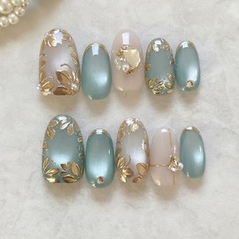 Shimmerz Pack of 24 Flower Artificial Nails Short Almond Fake Nails with 3D Pearl Design, Gold Glitter, Silver Blue, Reusable Full Cover Nails for Women
