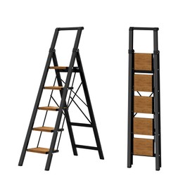 HillhutApex 5 Step Foldable Aluminum Step Ladder with Handgrip, Anti-Slip Pedal, 330 lbs Capacity, Lightweight & Portable for Home, Kitchen, Office, Garage (Black Woodgrain)