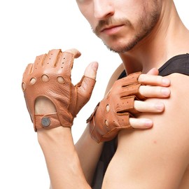 Nappaglo Premium Men's Short Deerskin Leather Gloves, Hole Design, U-Shaped Fitting Opening, Full Sewing, Fingerless, Summer, Spring, Autumn, Driving Motorcycle Gloves, Khaki