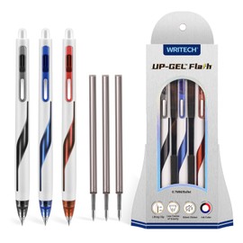 WRITECH Retractable Gel Ink Pens: Low Center of Gravity 0.7mm Medium Point Pen Multicolor with Refills No Smear Silent Click Black Blue Red 3ct Up-Gel Flash