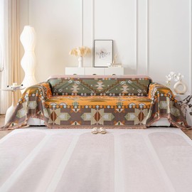 VClife Boho Sofa Covers, Sectional Couch Covers Breathable Cotton Linen Sofa Slipcover Washable Green Orange Geometry Sofa Couch Covers for L Shape Sofa - Farmhouse Sofa Covers with Tassel 71"x150"