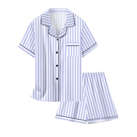 Schbbbta - Pijama de satén para mujer, 2 piezas, ropa de dormir de seda, para niños, regalo para mamá y yo, Rayas azul marino claro, 7-8 Años