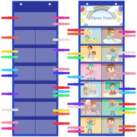 Reallnaive 2 Set Class Jobs Pocket for Classroom, 2 Pocket Chart with 24 Wooden Clips Classroom Management Tools Behavior Clip Chart for Class Management Educational Behavior(Blue)