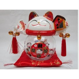 Feng Shui Ceramic lucky cat see-thru with Glass Tummy coin bank statue,9”H