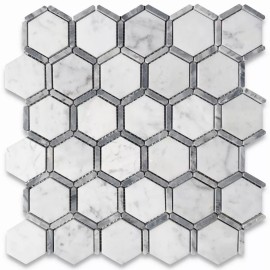 Stone Center Online C327XP 2" Hexagon Carrara White Marble w/ Bardiglio Gray Strip Tile Polished