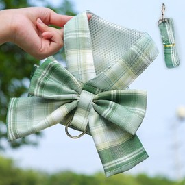 Dog Harness and Leash Set, Cute Bow Tie Plaid Harnesses for Puppy Cat, Adjustable Pet Kitties Vest, Breathable Harness Traction Rope for Boy Girl Small Animal(Harness Green,S for 3.3-5.5lbs Dog)