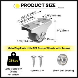 HONSNKS 4 Pcs 1 Inch Mini Fixed Caster Wheels, Steel Top Plate Silent TPE Rubber Wheels, Low Profile Casters for Cabinets, Trundle Beds & Small Appliances, with Screws (Gray)