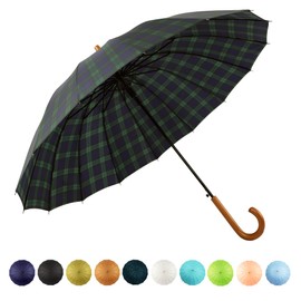 SoulRain Plaid Umbrella 16 Ribs 48" Stick Umbrella Auto Open Vintage Cane Big Umbrella With,Classic Wood Handle,Windproof Unbreakable Strong Wind Resistant Umbrellas Adult(Grid Navy)