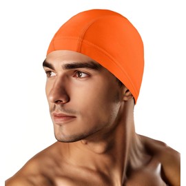 Kinwor Fabric Swim Cap for Men Women Adult, High Elasticity Swimming Cap Breathable, One Size Fits Short Hair Non-Waterproof, Orange