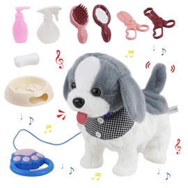 Ark miido Walking Dog Toy with Remote Control Interactive Dog Toy Leash Plush Pets Puppy Doy Toy with Walking Barking Singing Shaking Tail Pretend Dress Up Dog for Boys & Girls Gift (Grey)