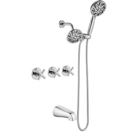 gotonovo 3 Handle Tub Shower Faucet Set, Dual Shower Head and Handle Set, Bathtub and Shower Faucet Combo,Shower System with Tub Spout,Wall Mount Tub Shower Trim Kit Polished Chrome