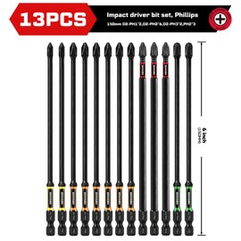 Geinxurn 13pcs 6” Double Impact #1#2#3 Phillipes Screwdriver Bits Set, (PH1/PH2/PH3) Magnetic D2 Steel Long Extension Driver Bits Set with Color Coded Base