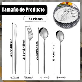 Ausein Juego de Cubiertos de 24 Piezas, Cubiertos de Acero Inoxidable para 6 Personas Incluye Cuchillos, Tenedores y Cucharas, Set de Cubiertos para Cocina, Restaurante,Aptas para Lavavajillas(Plata)