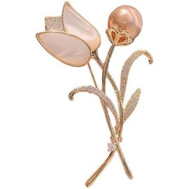 Shell Pearl Tulip Flower Brooch Crystal Pearl Flower Leaf Pin Women Girls Rhinestone Jewellery Badge Tulip Flower Bouquet Brooch Pin Women Clothing Accessories Gift, Metal