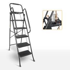 EASYBERG 5 Step Ladder with Safety Handrail, Heavy Duty Folding Step Stool with Wide Anti-Slip Pedals, Sturdy Steel Ladder for Home & Office