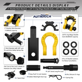AUTMATCH Shackle Hitch Receiver 2" with 3/4" Mega D Ring Shackle and 5/8" Trailer Hitch Lock Pin, 68,000 Lbs Break Strength Heavy Duty Receiver Towing Kit for Off-Road Vehicle Recovery, Black & Yellow