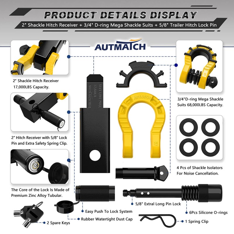 AUTMATCH Shackle Hitch Receiver 2" with 3/4" Mega D Ring