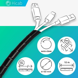 Hicab Spiral Cable Sleeve 4-50 mm 10 m Black Cable Tiller e.g. for Desk, PC, TV/TV