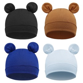 DRESHOW 4 Pieces Baby Beanie Newborn Toddler Soft Cute Knit Hat Hospital Hats for Baby Boys Bear Ears Infant Beanie