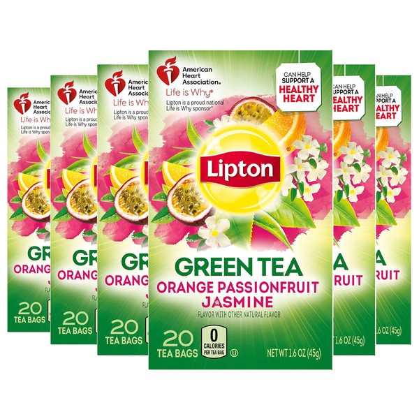 Lipton Green Tea Bags, Orange, Passionfruit, Jasmine, 20 Count (Pack of 6)
