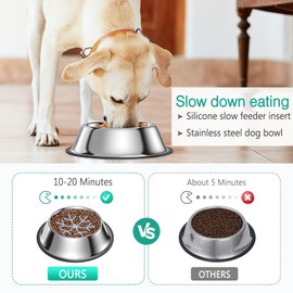 ORIA Slow Feeder Dog Bowls, Stainless Steel Dog Bowl with Slow Feeder Insert, No Spill Dog Water Bowl, Non-Slip Pet Cat Bowl, for Small Medium Breeds, Holds Up to 2 Cups, M