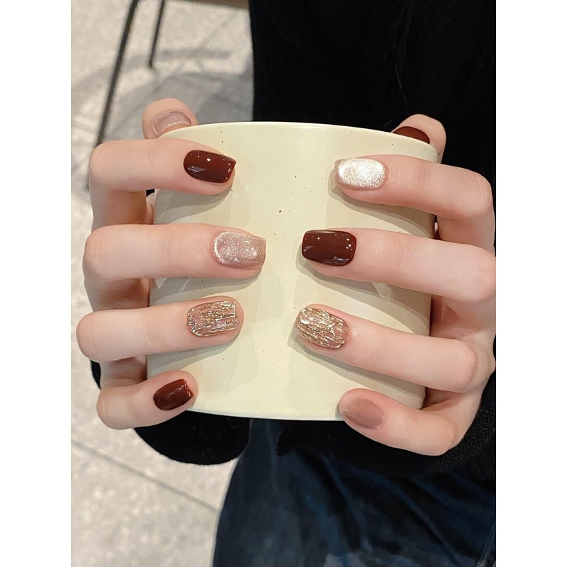 BIBII Nails Handmade Nail Tip, Red Gold, 3D Nails, Short,