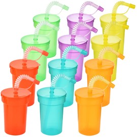 ALINK Pack of 12 Children's Party Cups, Plastic Cups, Drinking Cup Set with Lid Straw, Iced Coffee, Cold Drinking, Smoothie Juice (380 ml)