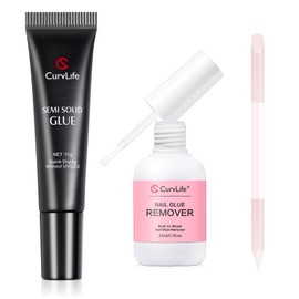 Curvlife 15g Quick Dry Semi Solid Nail Glue Gel and 20ml Brush Nail Glue Remover Set for Press On Nails, Czech Glass File & Cuticle Pusher for Flawless Application & Removal