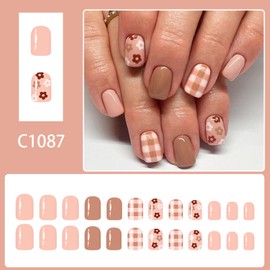 24Pcs Fall Short Press on Nails Flower False Nails Light Brown Fake Nails Cute Grid Floral Designs Autumn Acrylic Square Stick on Nails Glossy Glue on Nail Reusable Artificial Nail for Women