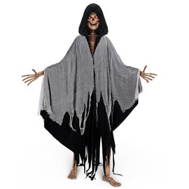 12 ft Skeleton Accessories Medieval Cloak Men with Hood Costume Halloween 12 ft Vintage Horror Cape Black, Gray