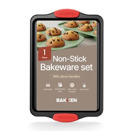 BAKKEN Kitchen Baking Pans - 15.15 x 10.03" Medium Nonstick Sheet, Durable Carbon Steel Cookie Sheet with Red Silicone Handles, PFOA, PFOS, PTFE Free, Oven Safe Tray (Up To 450°F), Set of 1