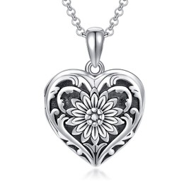 SOULMEET Cameo Sunflower Heart Locket Necklace That Holds 2 Picture, Sterling Silver Heart Shaped Picture Locket Necklace to You Are My Sunshine (Locket only)