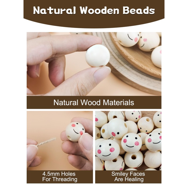 Furuising 80PCS Smile Wooden Beads, 20MM Natural Wooden Beads for